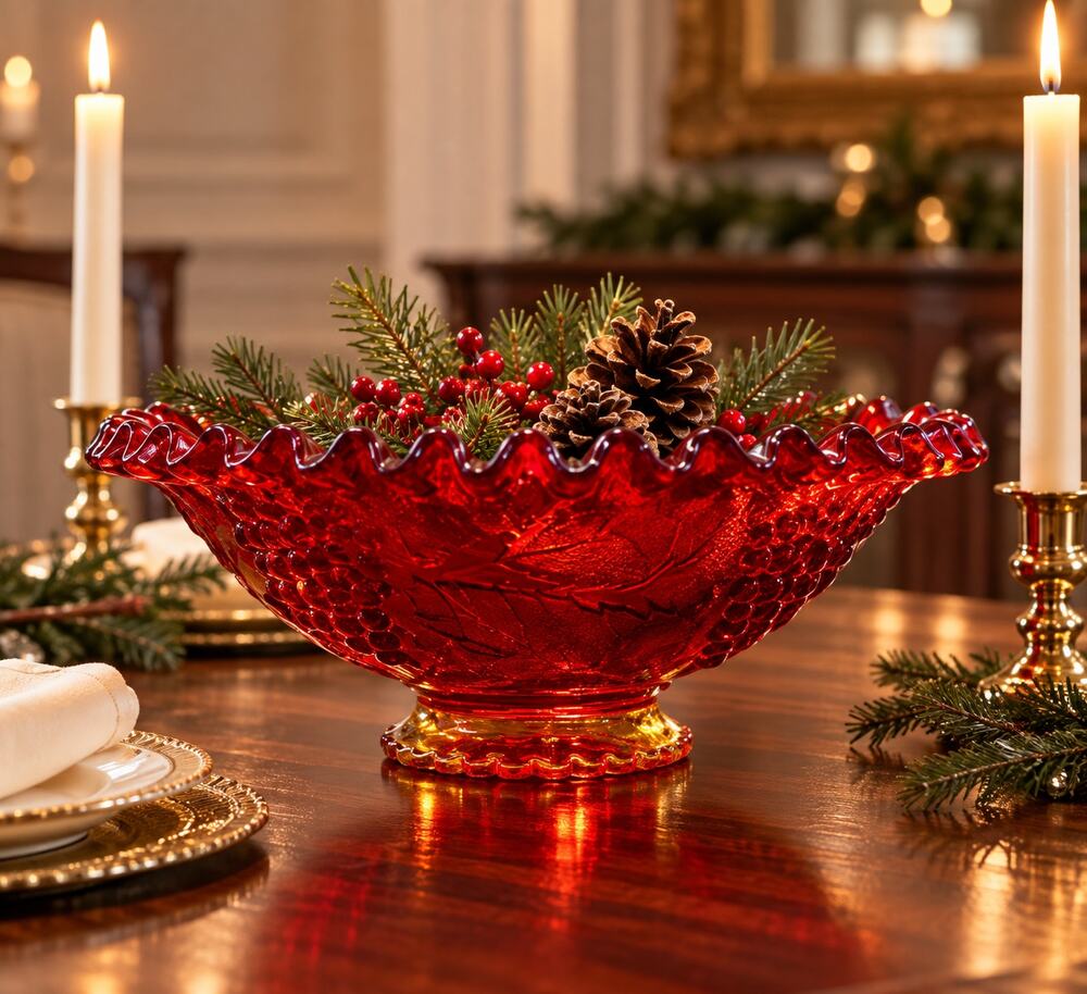 Vintage Indiana Glass Ruby Red Fruit Bowl Ruffled Edge Pattern 301 1960s